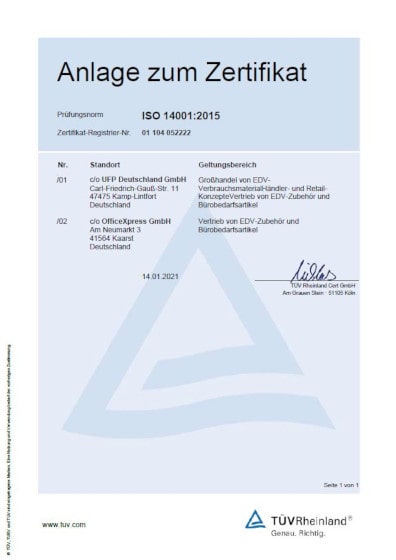 Zertifikat ISO 14001:2015 - Anlage - OfficeXpress 