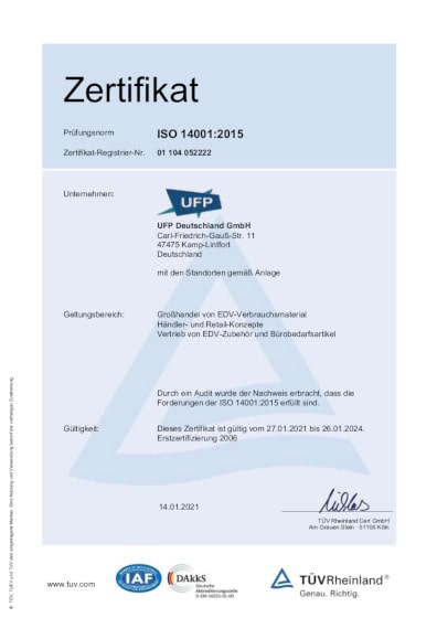 Zertifikat ISO 14001:2015 - OfficeXpress