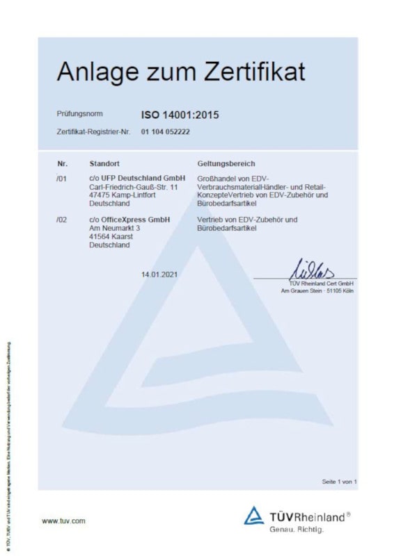 Zertifizierung nach ISO 14001:2015 - Anlage - OfficeXpress GmbH